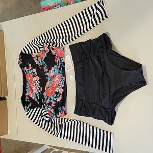 Women's Black Floral Long-Sleeve Rash Guard Swim Set with High-Waist Bottoms